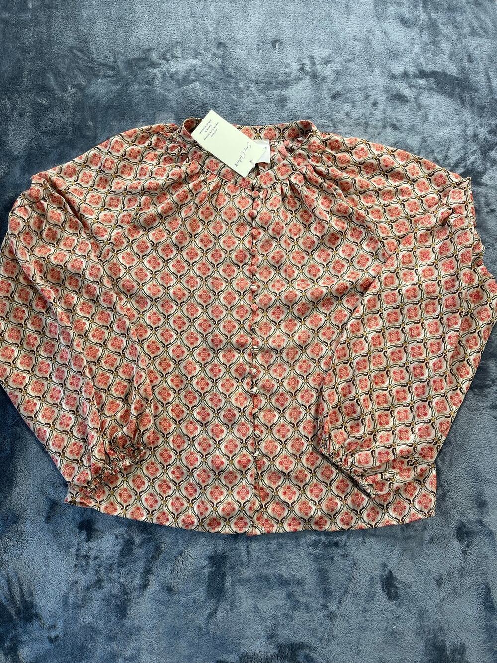 French Chic Blouse Womens S/M Pink Tile Print NWT Easy Clothes